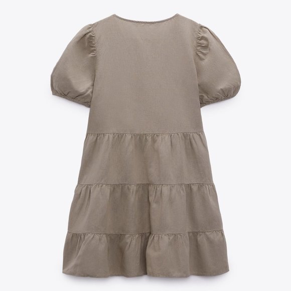 Zara Tiered Linen Blend Babydoll Dress V Neck Ruffled Hem Balloon Sleeve Size L - Picture 7 of 14